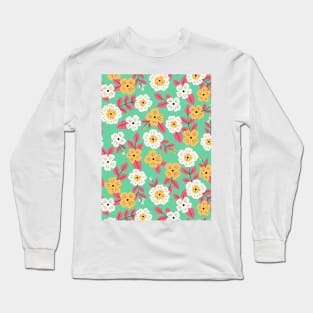 Happy impatiens flower botanical pattern in green Long Sleeve T-Shirt